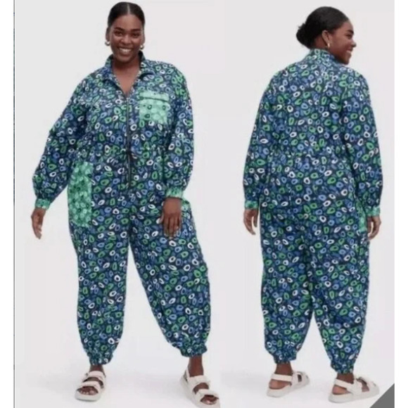 Diane Von Furstenberg Target Blue Green Nylon Jazz Dot Zip Up Jumpsuit 3X NWT - Picture 1 of 7